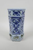A Chinese blue and white porcelain hexagonal brush stand, with decorative floral panels, Chinese