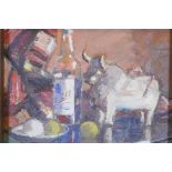 Still life with bottle of wine, signed Ramis, oil on mill board, mid C20th, 34 x 40cms