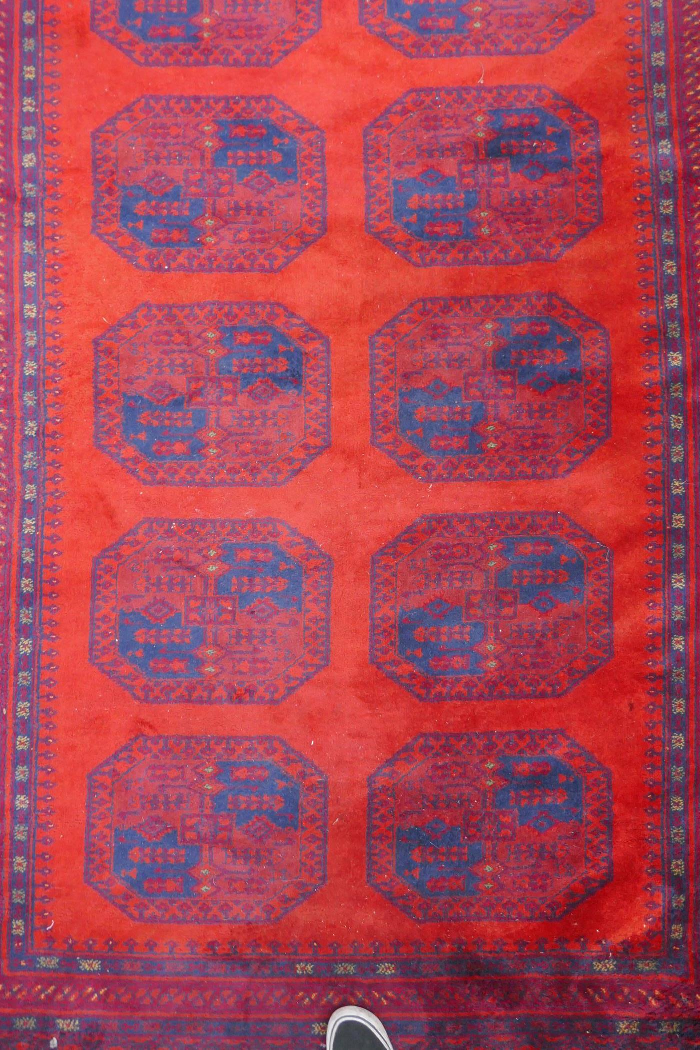 A Turkish Bokhara wool carpet with a tomato red field, 190 x 278cm - Image 3 of 5