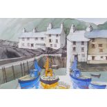 Frederick T.W. Cook, a Cornish fishing harbour with moored boats, watercolour, 29 x 21cms