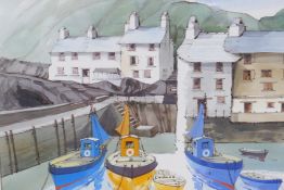 Frederick T.W. Cook, a Cornish fishing harbour with moored boats, watercolour, 29 x 21cms