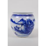 A blue and white pot decorated with figures in a riverside landscape, Chinese KangXi 6 character