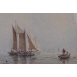 Fishing boats on calm waters with fishermen, early C19th watercolour, inscribed 'Joy', 24 x 16cms