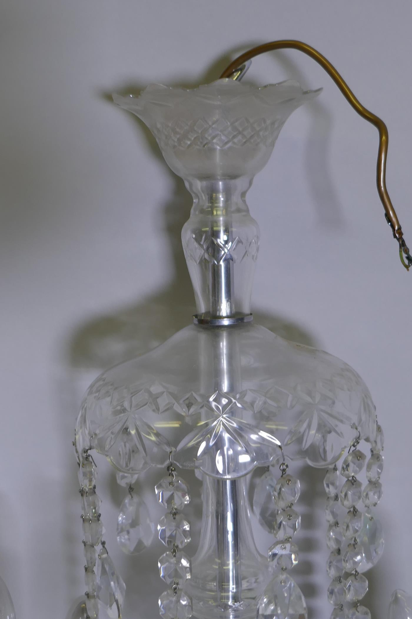 A ten branch cut glass chandelier with lustre drops, AF, three arms broken at mounts, 95cm high - Image 4 of 6