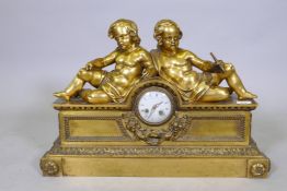 A large C19th French gilt bronze mantel clock, the enamel dial inscribed Robin Her du Roi, Paris,