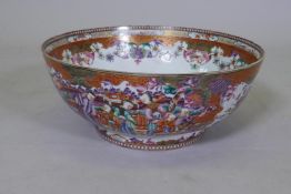 A C19th Chinese export rose mandarin punch bowl, AF, broken, repaired, 33cm diameter