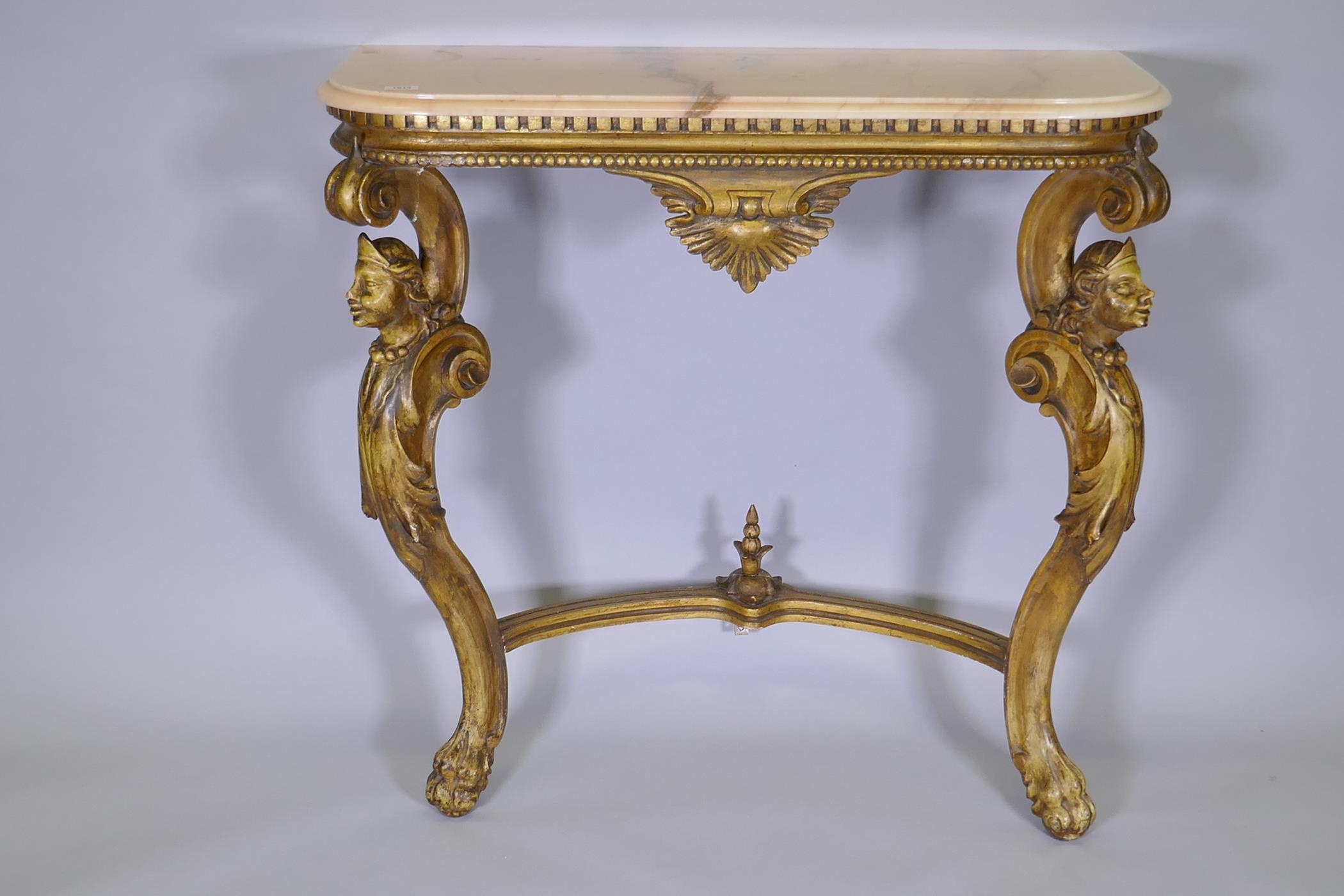 Continental giltwood console table with marble top, dentil and bead frieze and carved supports - Image 2 of 5