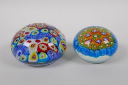 A Millefiori glass paperweight, and another larger, 10cm diameter