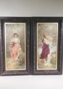 A pair of C19th colour prints of young girls and garden flowers, by G.M. Brown, 28 x 64cm