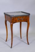 A French style parquetry inlaid single drawer side table with pierced gallery top, raised on swept