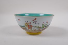 A polychrome porcelain bowl decorated with children playing in a landscape, with a turquoise