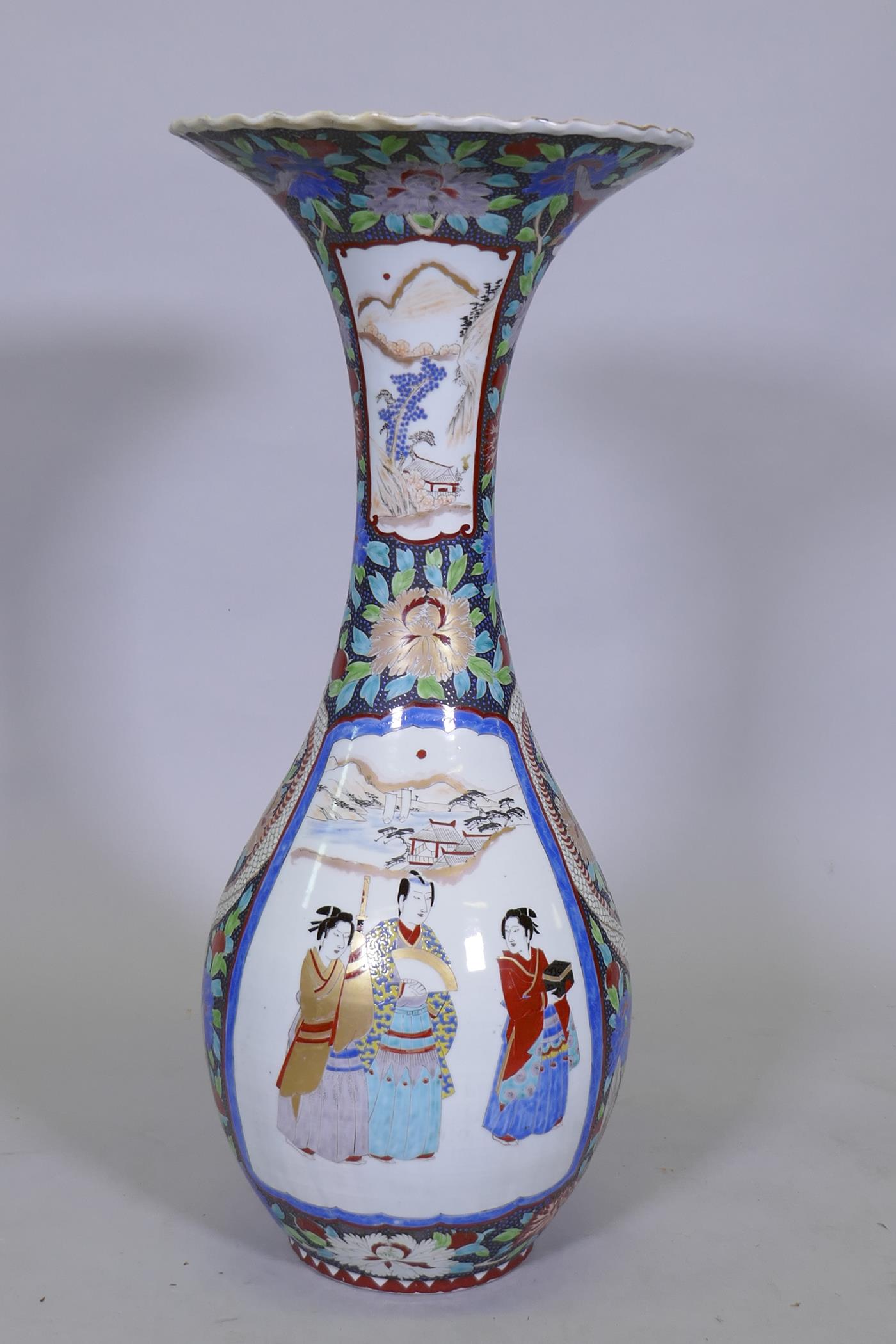 A Meiji Arita floor vase, decorated with two dragons and panels depicting figures in a landscape, - Image 5 of 9