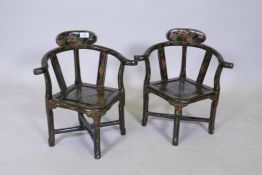 A pair of Chinese miniature chairs with lacquered decoration, 47cm high