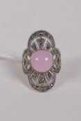 A 925 silver and marcasite Art Deco style dress ring set, with a rose quartz cabochon, size N/O