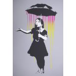 Banksy, Nola, girl with umbrella, limited edition copy screen print No 262/500 by the West Country