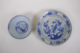 A Chinese blue and white porcelain cabinet plate decorated with birds and flowers, and a Teksing