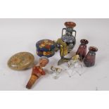 A quantity of small decorative items including a painted brass figure of a pony after Walter