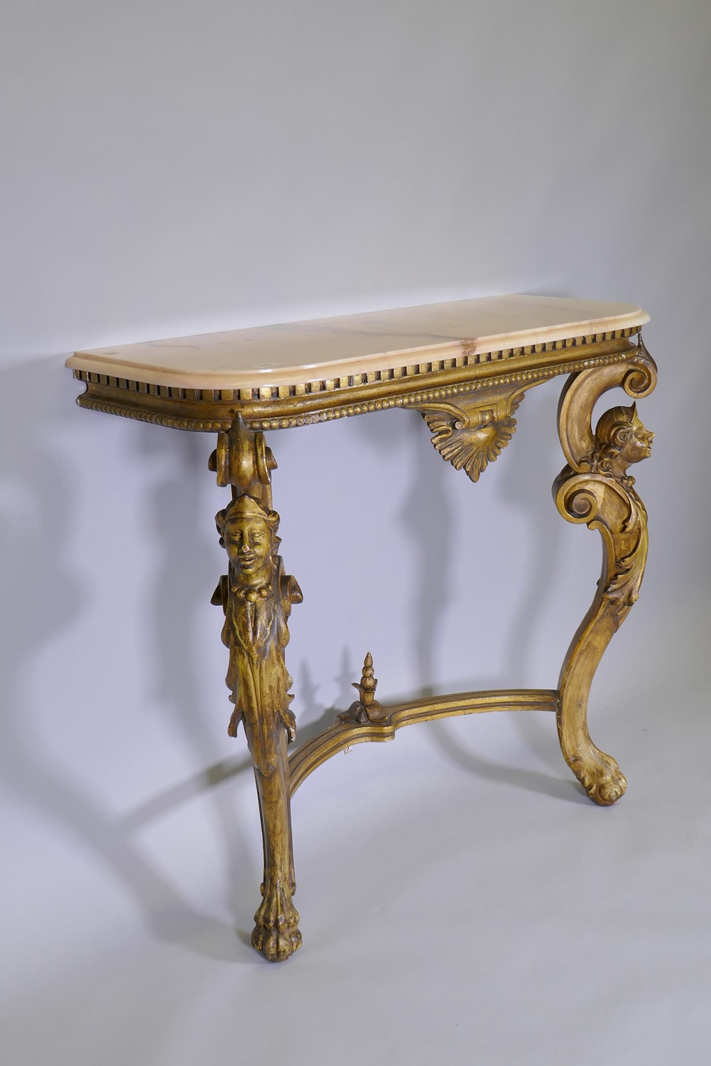 Continental giltwood console table with marble top, dentil and bead frieze and carved supports - Image 3 of 5
