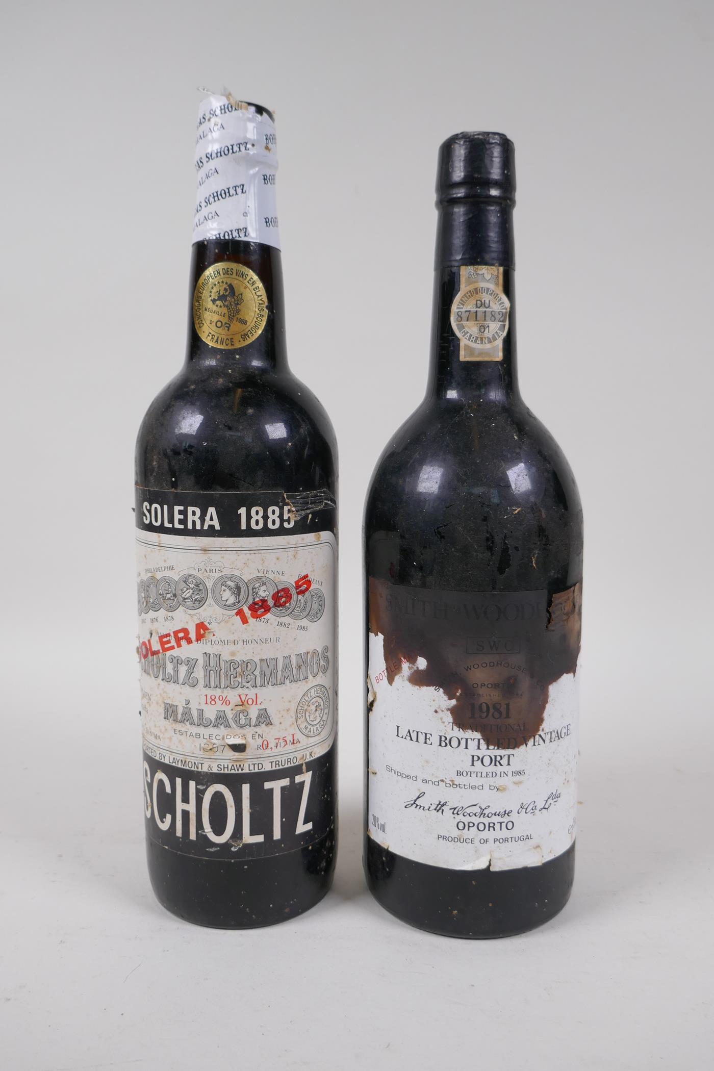 A bottle of Scholtz Hermanos Solern 1885 Malaga Wine, 0.75l, and a bottle of Smith Woodhouse 1981