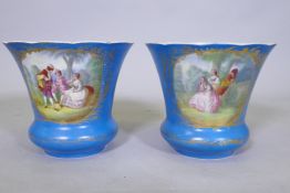 A pair of C19th porcelain urns / planters decorated in the manner of Sevres, with hand painted