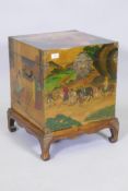 A Chinese painted and lacquered chest with light up top, raised on shaped supports, 43 x 43 x 57cms