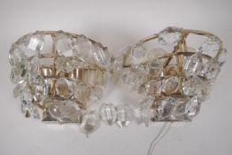 A pair of crystal drop wall lights, 22cm wide