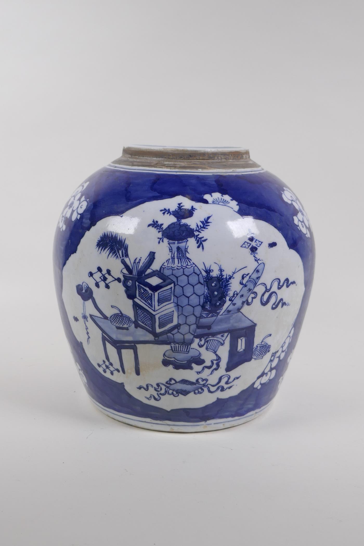 A Chinese Republic blue and white porcelain ginger jar, with decorative panels depicting objects - Image 3 of 5