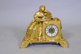 A C19th French ormolu mantel clock modelled as a woman reading a letter, signed Sevigne, the