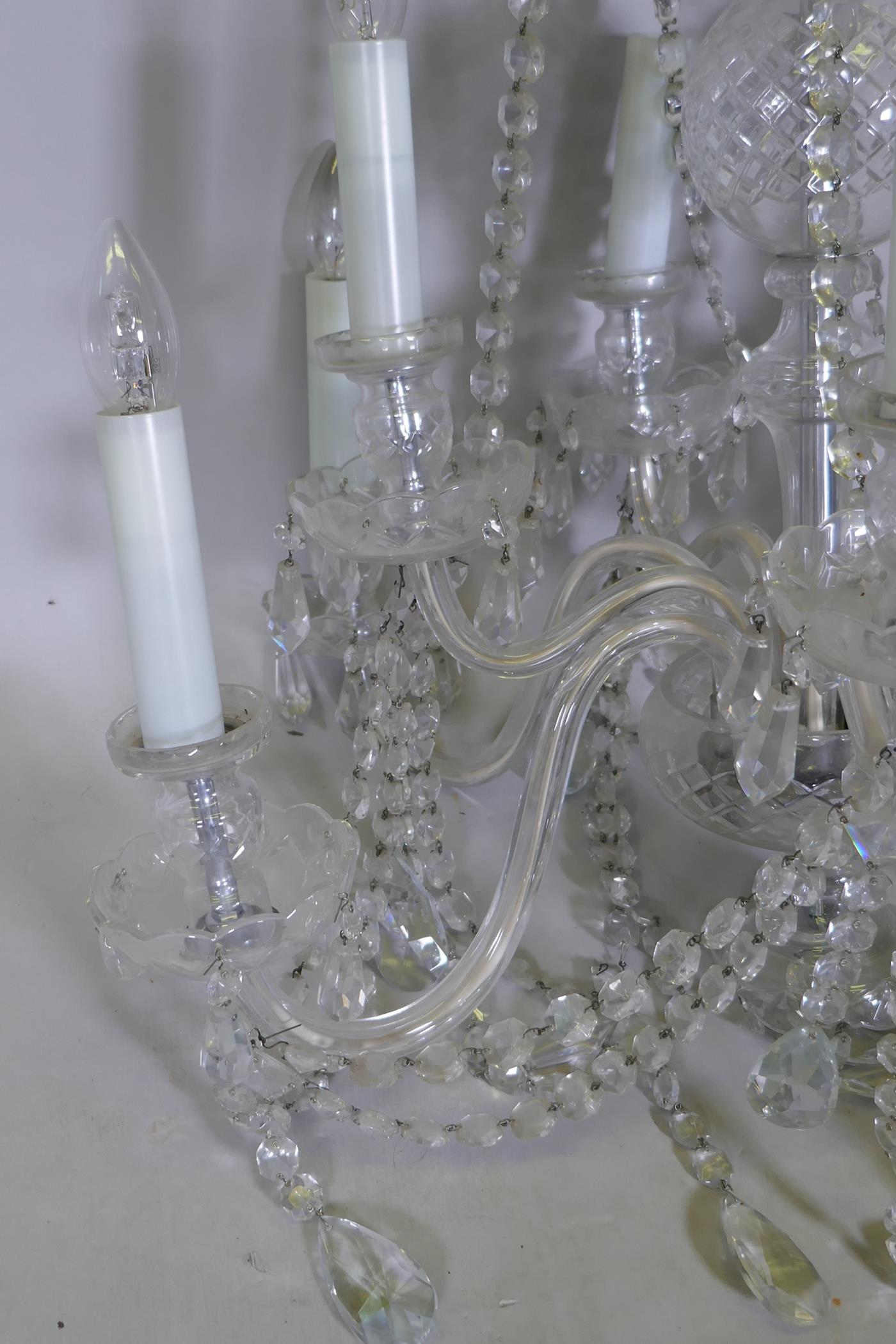 A ten branch cut glass chandelier with lustre drops, AF, three arms broken at mounts, 95cm high - Image 5 of 6