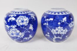 A near pair of oriental hawthorn pattern blue and white pottery ginger jars, 13cm high