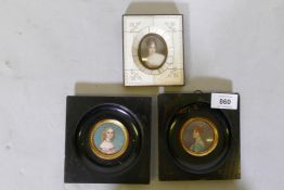 A pair of miniature portraits on ivorine, monogramed G.M., 4.5cm diameter, and another signed Gallio