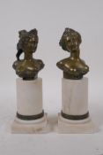 A pair of bronze busts of classical women after the antique, on marble socles, 1 AF, 19cm high