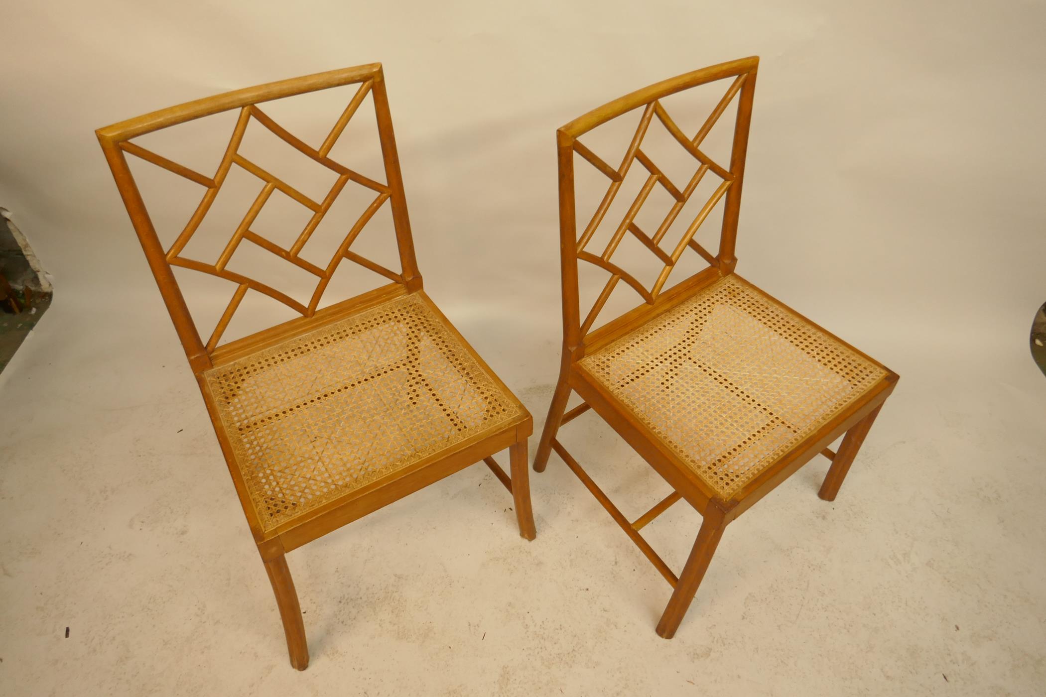 A pair of beechwood lattice back side chairs with carved seats - Image 2 of 2