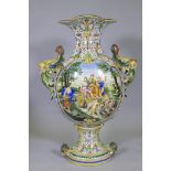 A large faience Cantigalli style floor vase, decorated with scenes of Labour and Love, AF, repairs