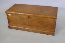 A polished pine blanket chest with iron drop handles, 36 x 86 x 38cms