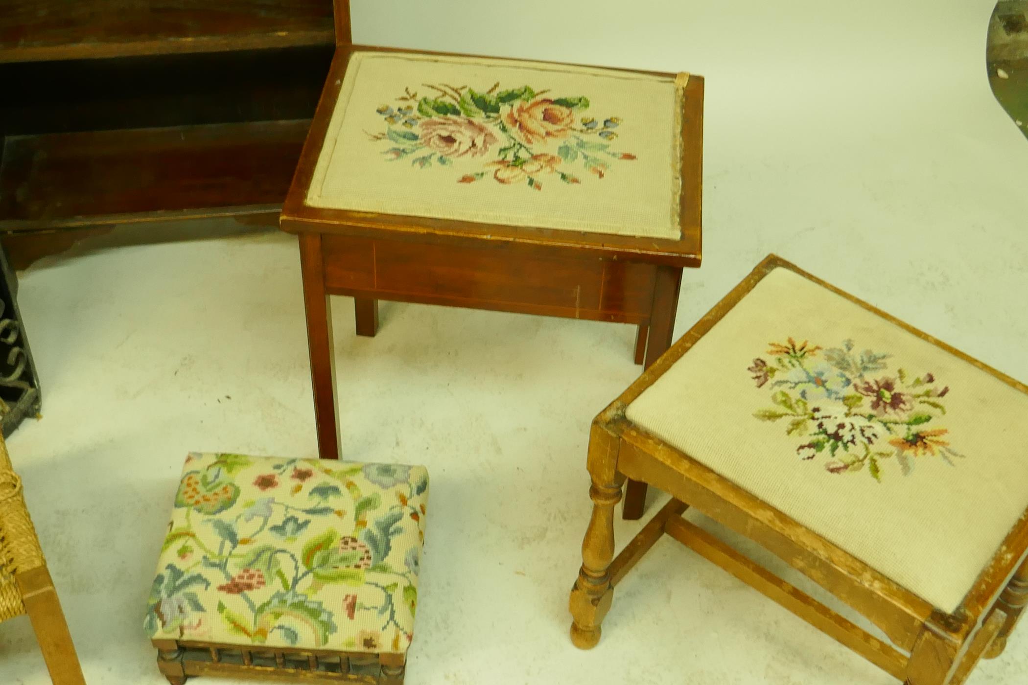 An oak open bookcase, a satin mahogany sewing stool and similar stool, a mahogany foot stool with - Image 2 of 3