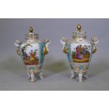 A pair of Dresden porcelain jars and covers, with hand painted decoration and gilt highlights, AF