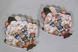 A pair of Meiji Imari leaf shaped dishes, 23cm long