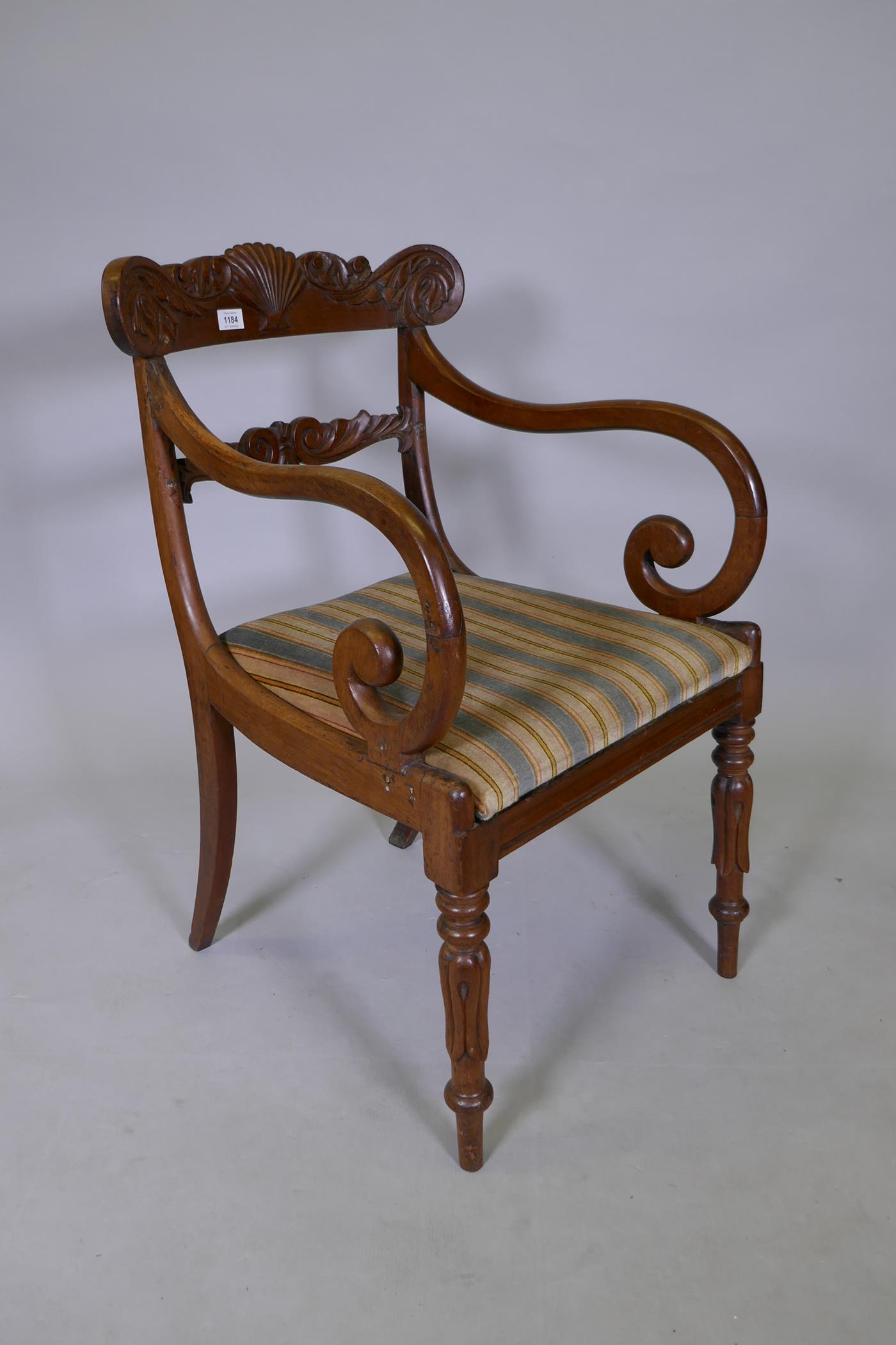 A Georgian style Anglo Indian mahogany carver chair with scroll arms and fluted turned supports - Image 2 of 5