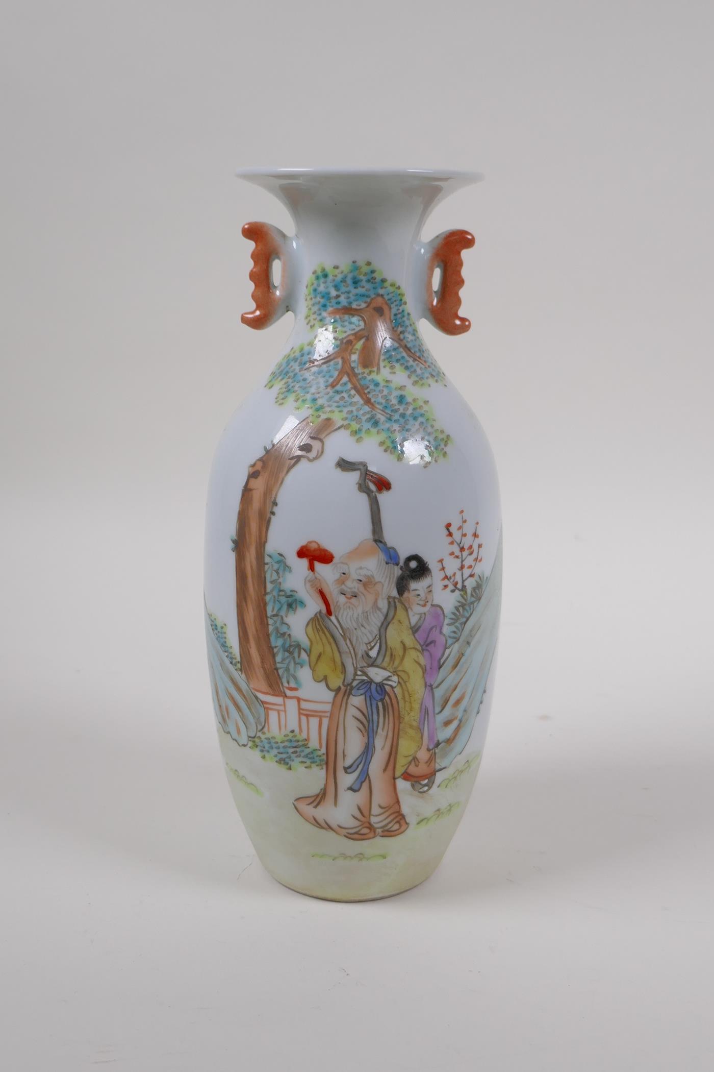 An early C20th Chinese polychrome porcelain vase with two handles, decorated with Lohan, inscription
