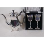 A boxed pair of hallmarked silver wine goblets, Birmingham 1966, 270g, and a Mappin and Webb