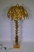 A gilded metal floor lamp in the form of a palm tree, 157cm high