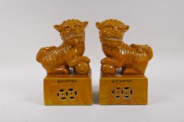 A pair of ochre glazed porcelain Fo dogs, Chinese Hongzhi 6 character mark to side, 22cm high