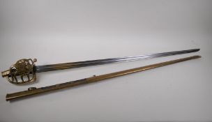 A cavalry sword with brass basket hilt wire round grips and twin fullard steel blade marked Mfture