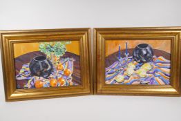 A pair of still lifes, C20th, oils on board, initialled C.J., 36 x 26cms