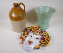 A half gallon stoneware cider jar, an Art Deco pottery vase by Lovatts Pottery, and a Maltese