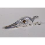 A silver plated duck head document clip, 12cm long