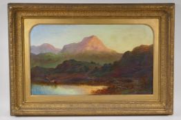 Sunlit mountain landscape with cattle watering, indistinctly signed and inscribed 'W. Collingwood'