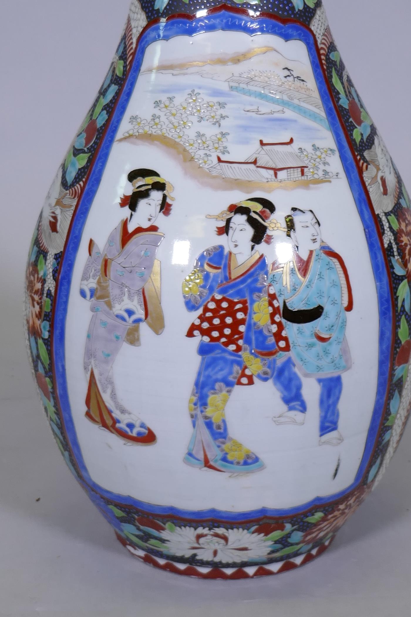 A Meiji Arita floor vase, decorated with two dragons and panels depicting figures in a landscape, - Image 2 of 9