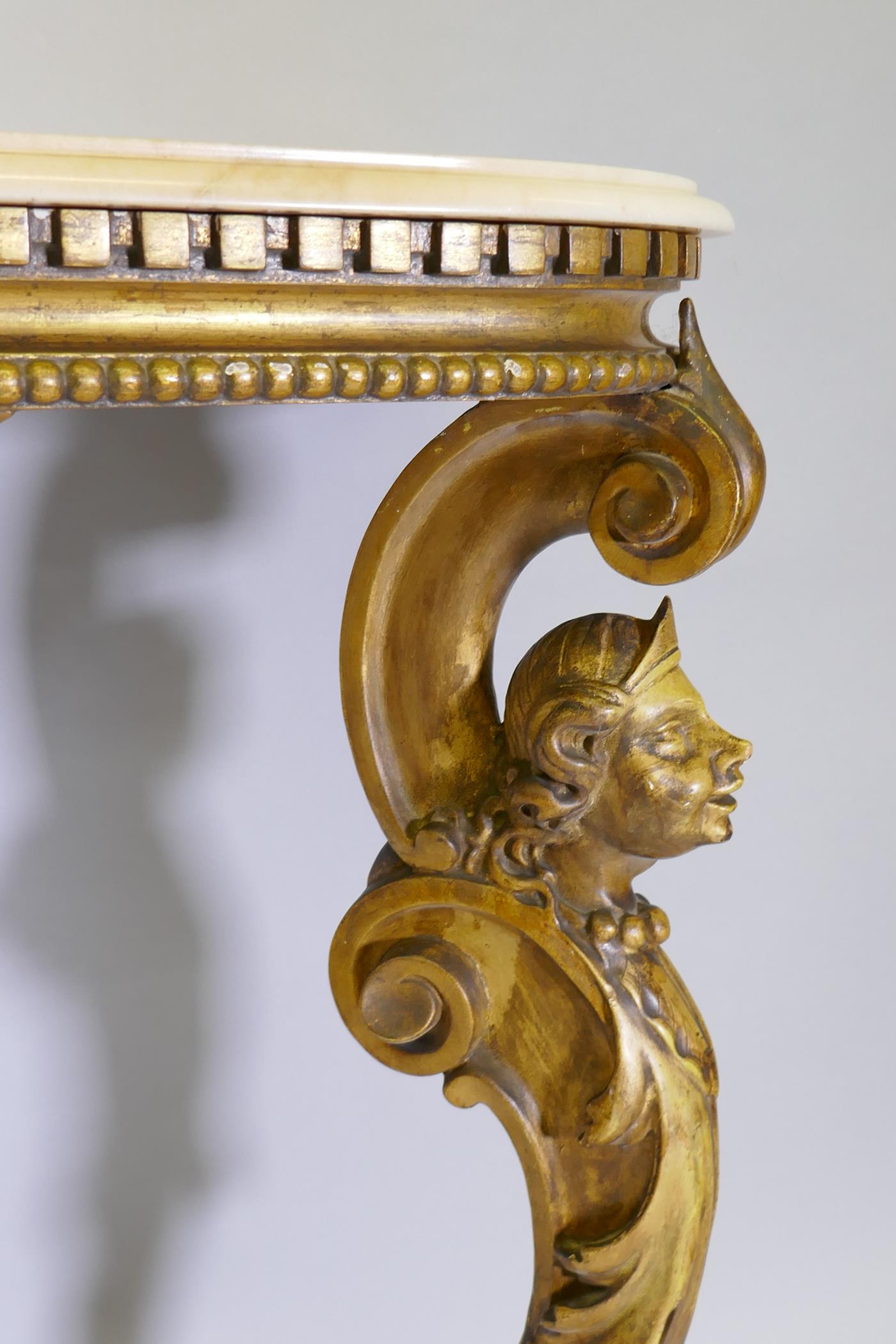 Continental giltwood console table with marble top, dentil and bead frieze and carved supports - Image 4 of 5